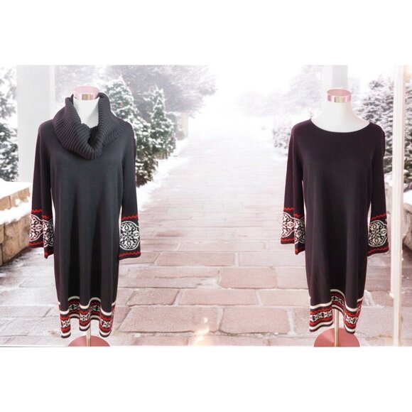 Black Knit Sweater Dress L Boho Nordic Removeable Cowl Neck Dressbarn - Picture 1 of 12